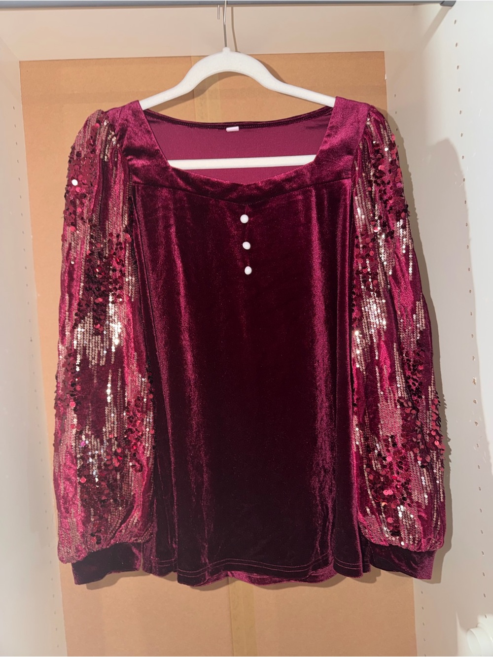 Women’s Velvet Sequin Balloon Sleeve Top - Dark Burgundy/Maroon